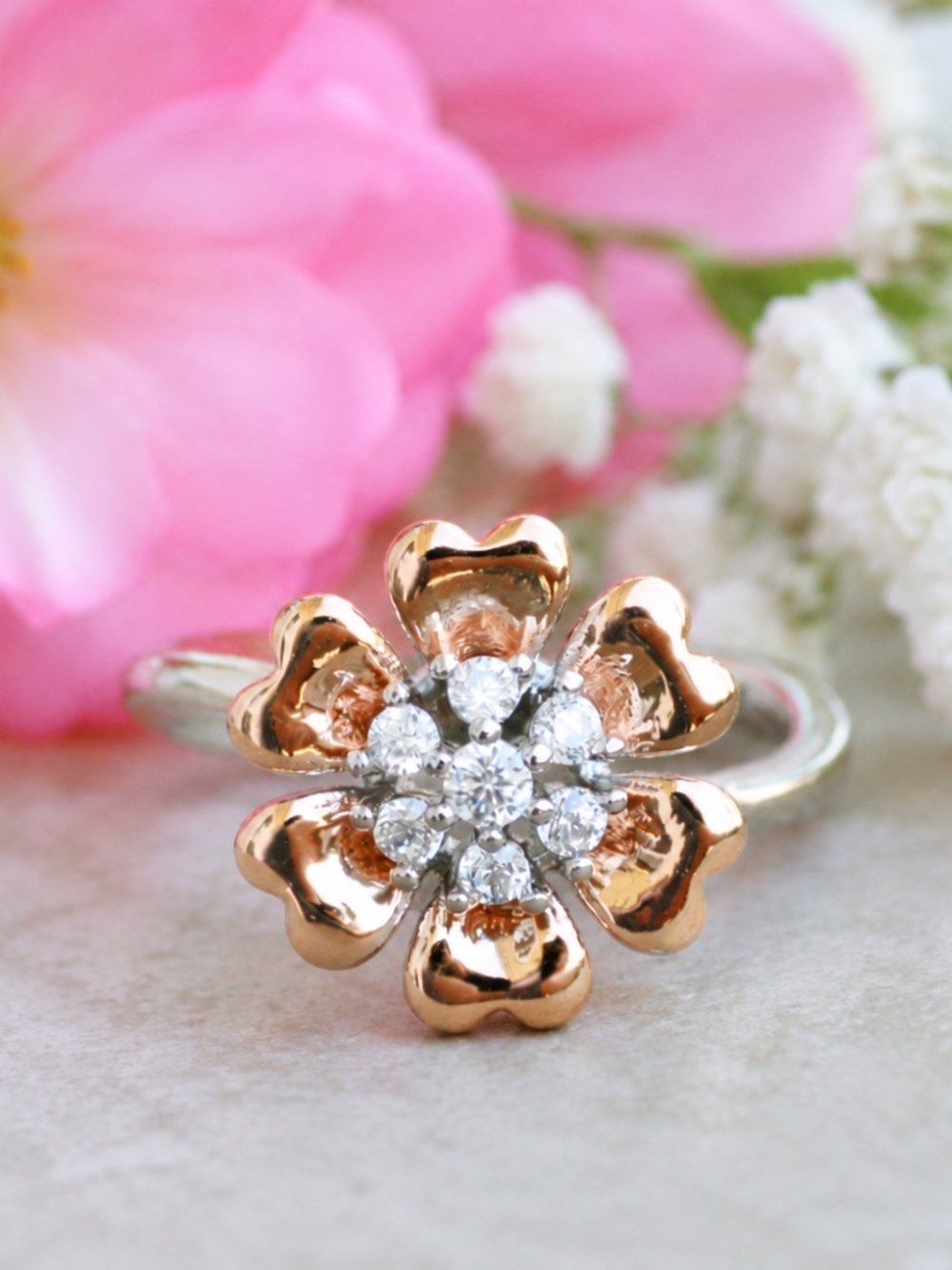 New Shamrock Impatiens Flower Ring Rose Gold and Silver , Wood Sorrel